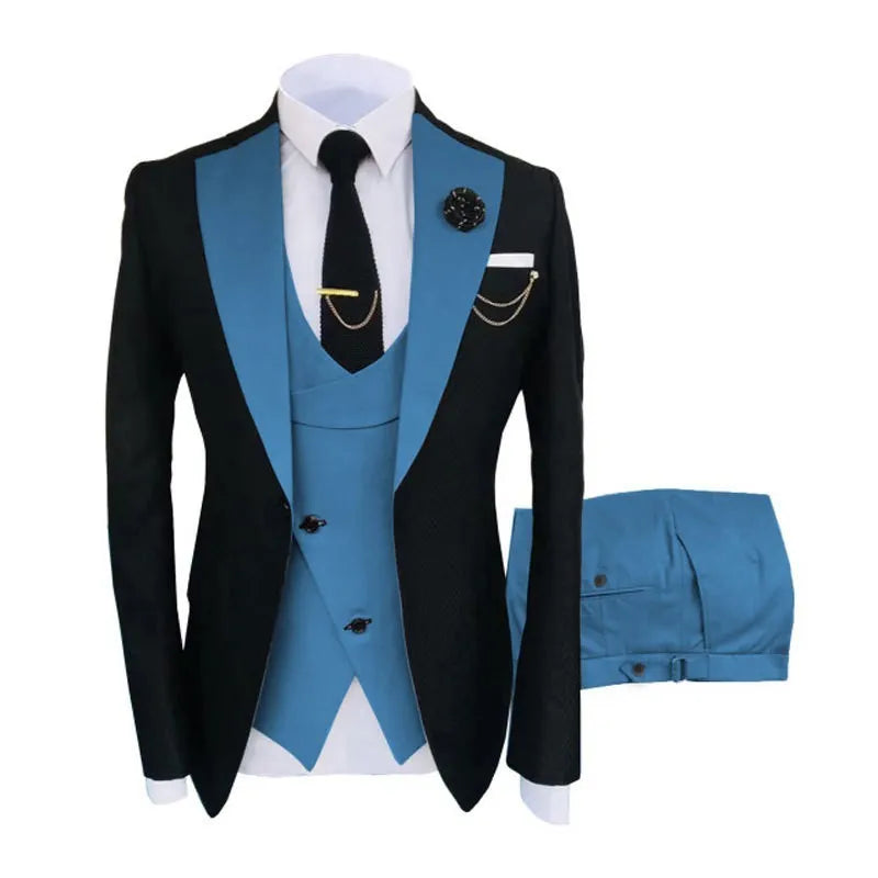 Men's slim fit three-piece cotton suit in black for a wedding or business occasion.
