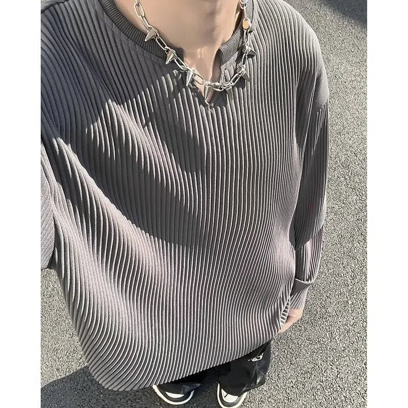 Plus size striped texture draping pullover top in gray, loose fit long sleeve blouse for women