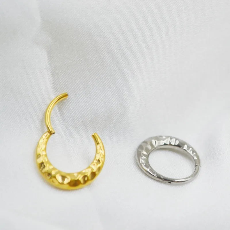 Titanium alloy concave-convex nose ring with carved design in gold or silver finish