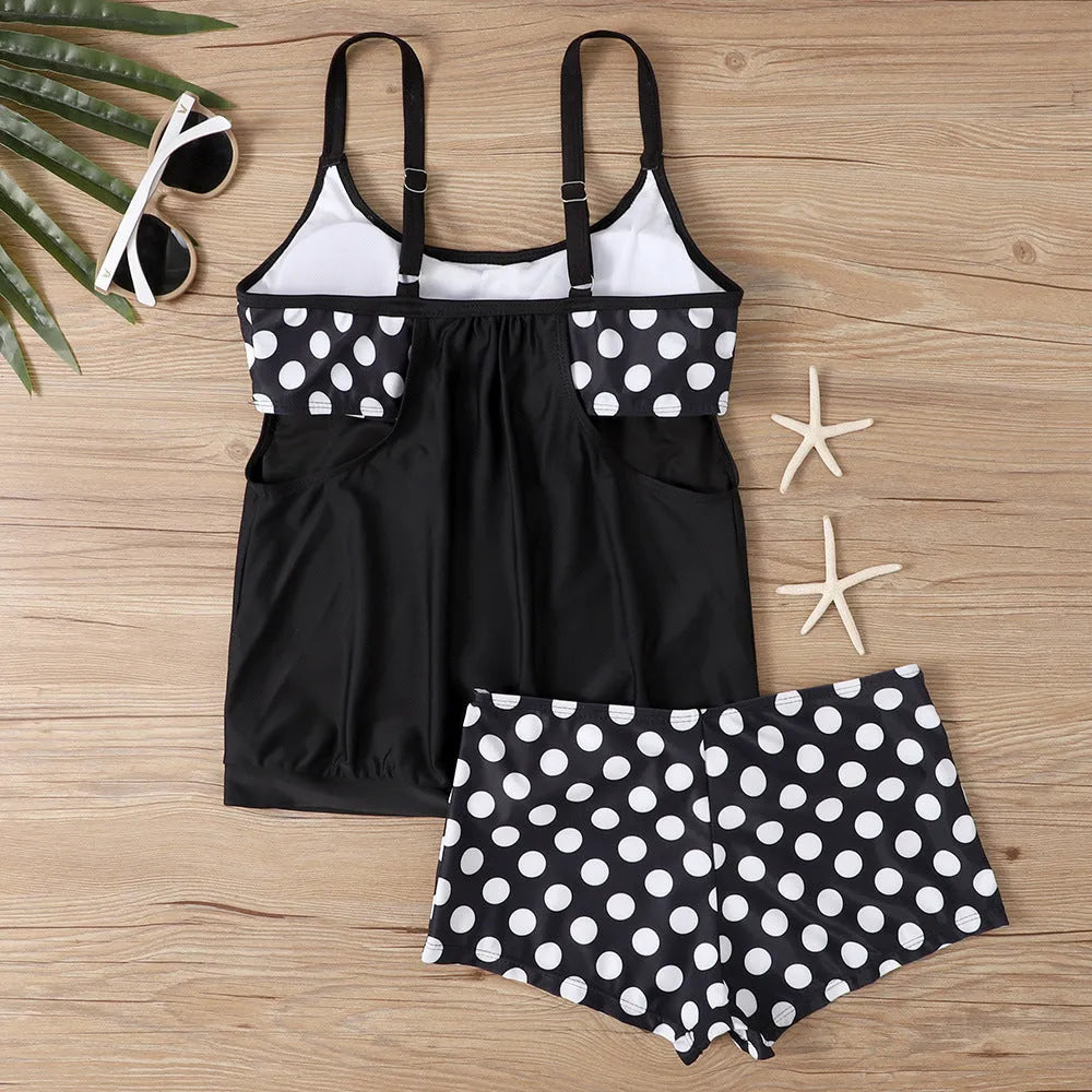 Women's high-waisted polka dot swim briefs in black, available in sizes S to 5XL.