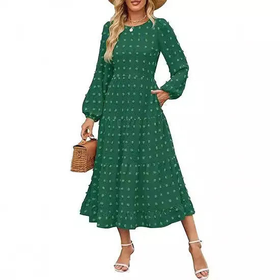 Beige women's long sleeve casual dress with round neck, ruffled sleeves, and a high waist.