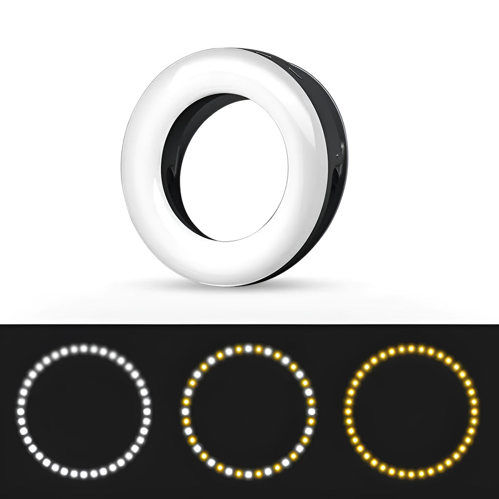 Compact black LED ring light for mobile phone photography with USB charging cable