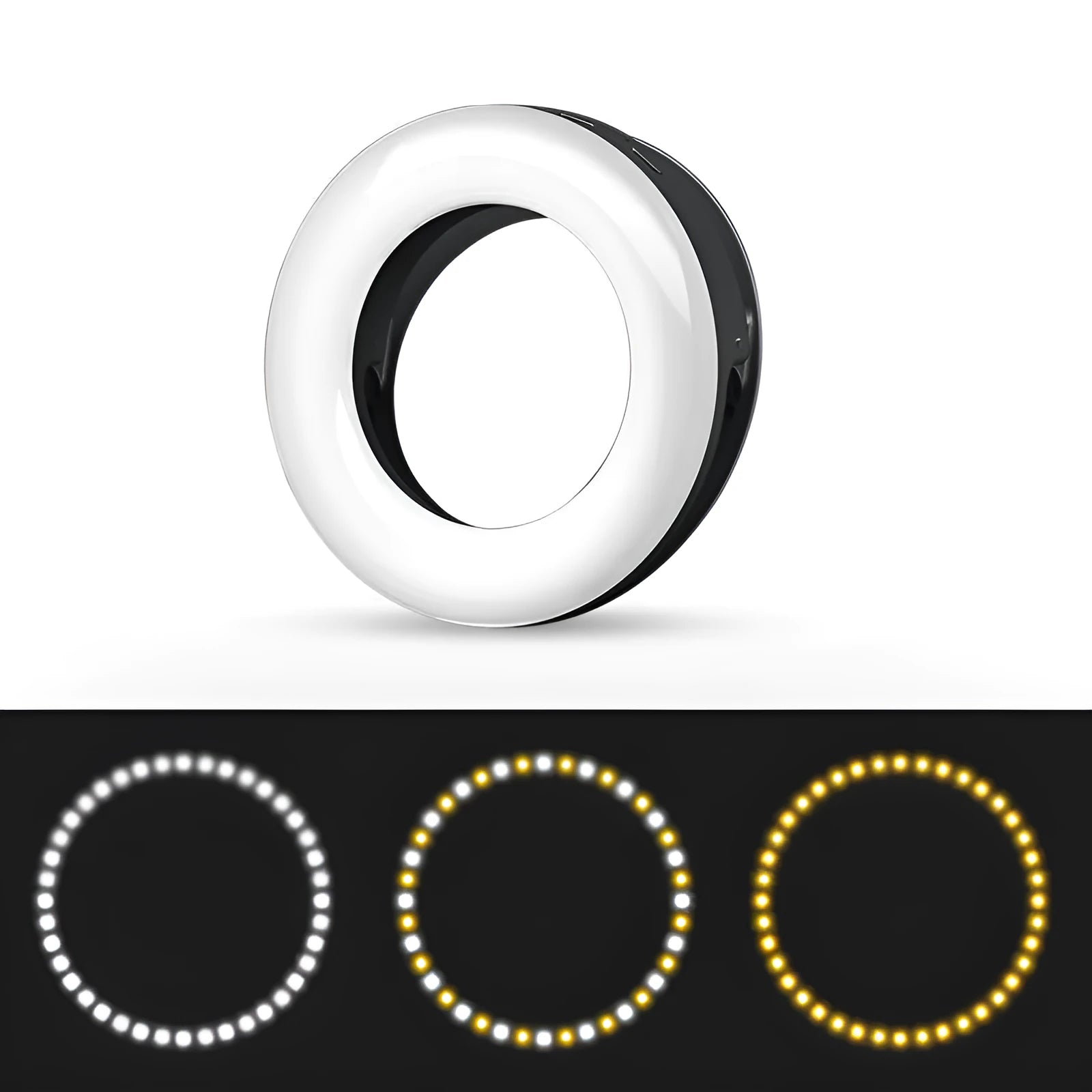 Compact black LED ring light for mobile phone photography with USB charging cable