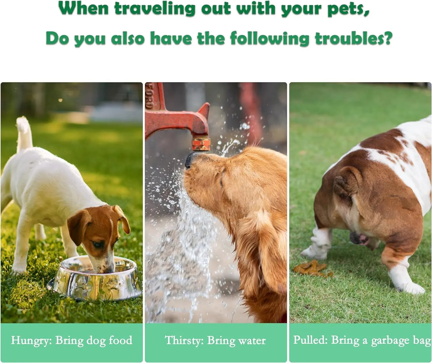 Green, pink, or white 3-in-1 portable pet water bottle with food container and waste bag dispenser.