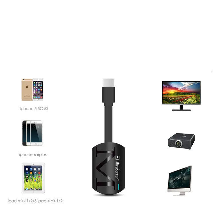 Black USB HDMI dongle for smartphone screen mirroring to television.