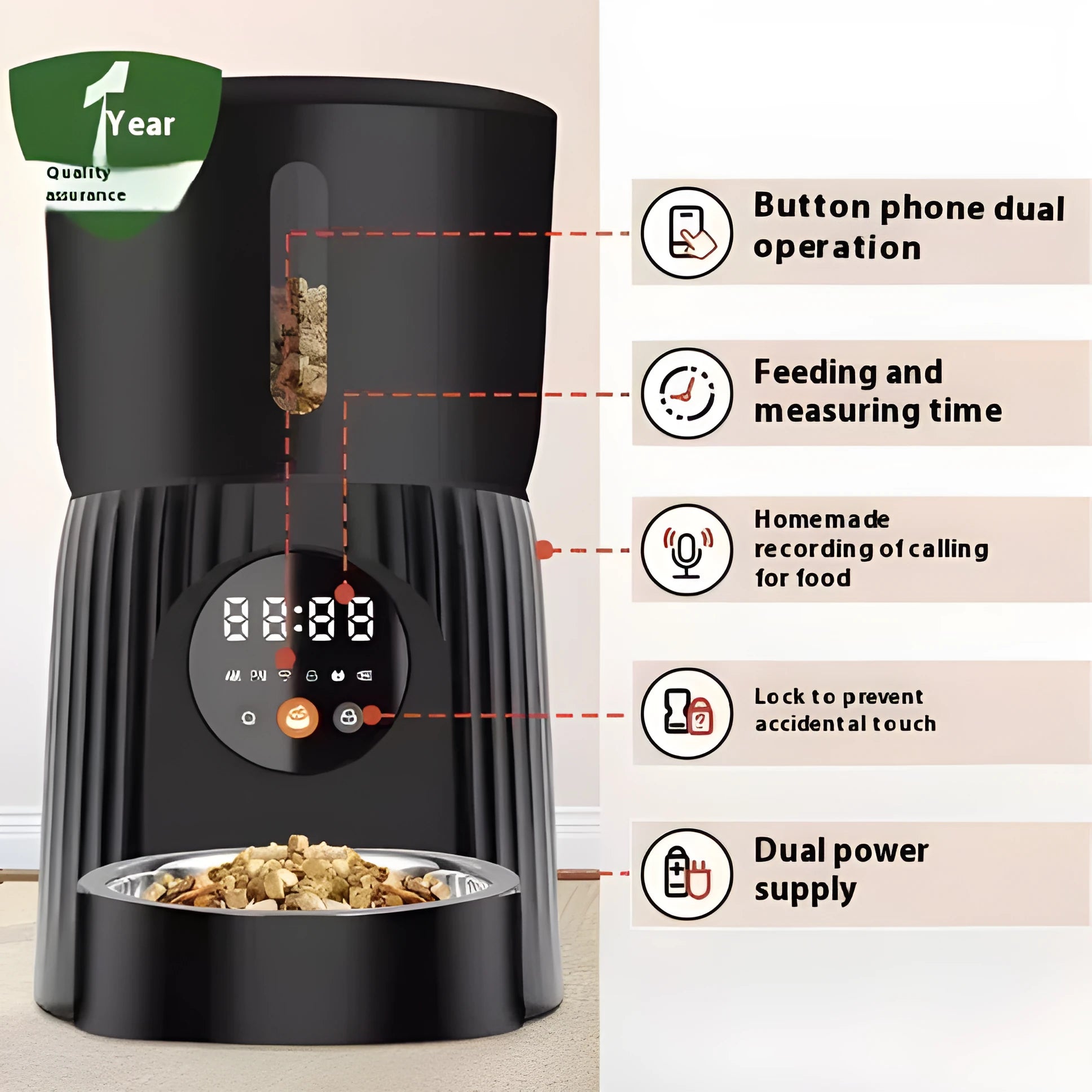 Black and white intelligent pet feeder with smartphone app remote control for automatic feeding