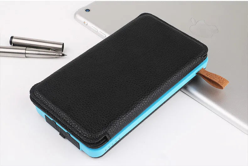 Outdoor rainproof solar phone charger with LED light and leather case in black, blue, green and orange colours