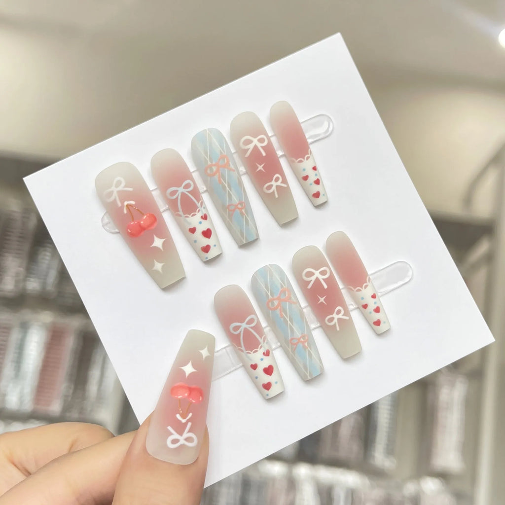 Retro gothic prefabricated nail stickers in pink cherry long ladder shape, 40 pieces per set
