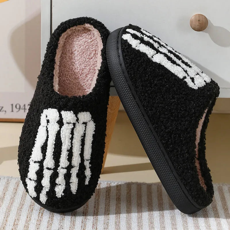 Cartoon ghost hand thermal cotton slippers with suede upper and rubber sole on indoor floor