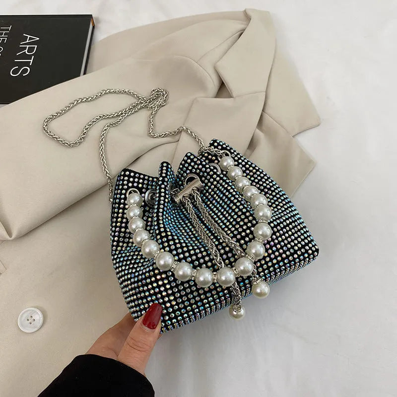 Light diamond western style shoulder bag crossbody with chain strap in soft PU leather bucket design