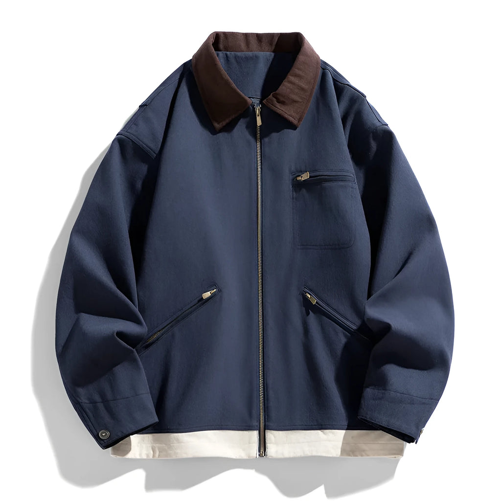 Men's loose fit retro workwear jacket with contrast colour lapels and side seam pockets