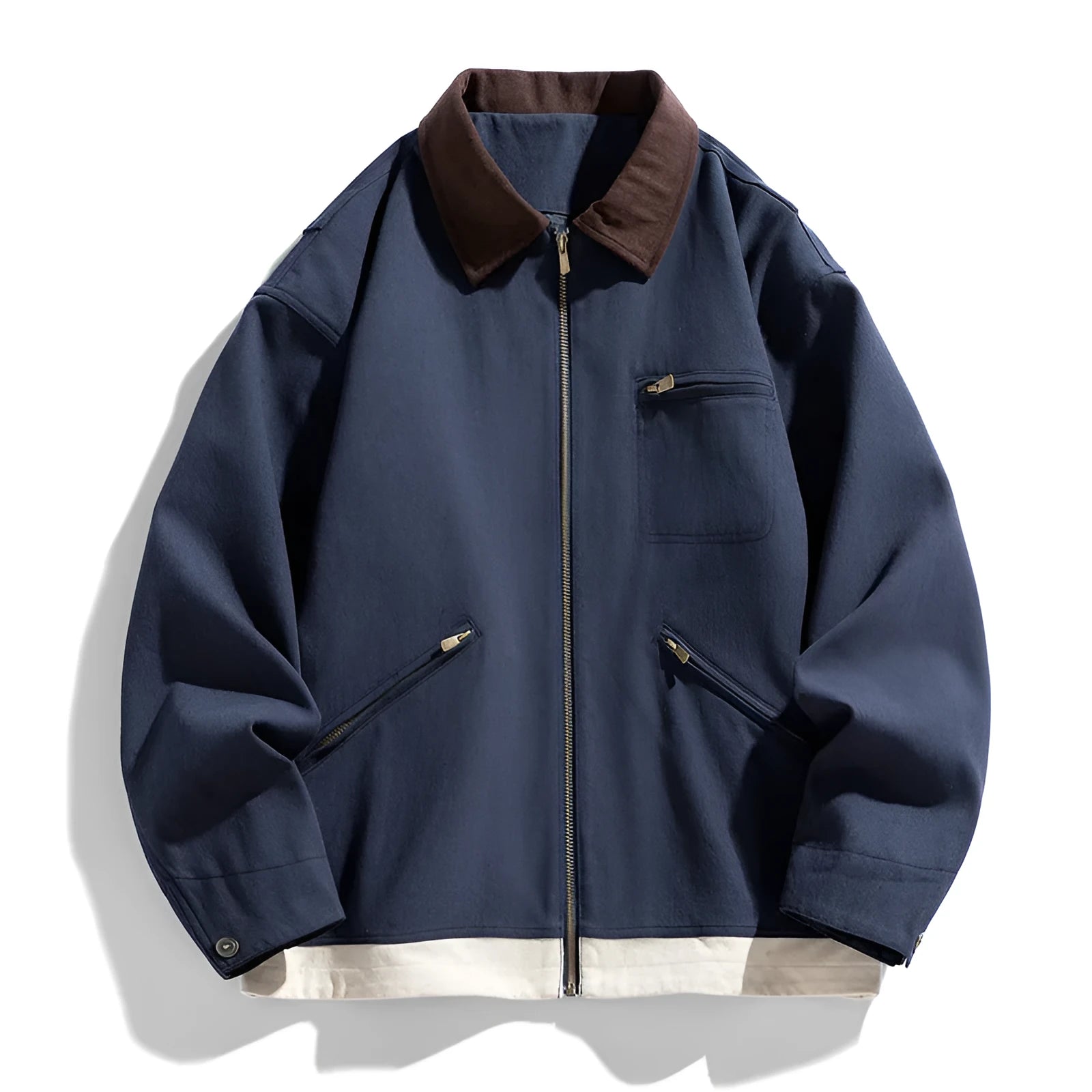 Men's loose fit retro workwear jacket with contrast colour lapels and side seam pockets