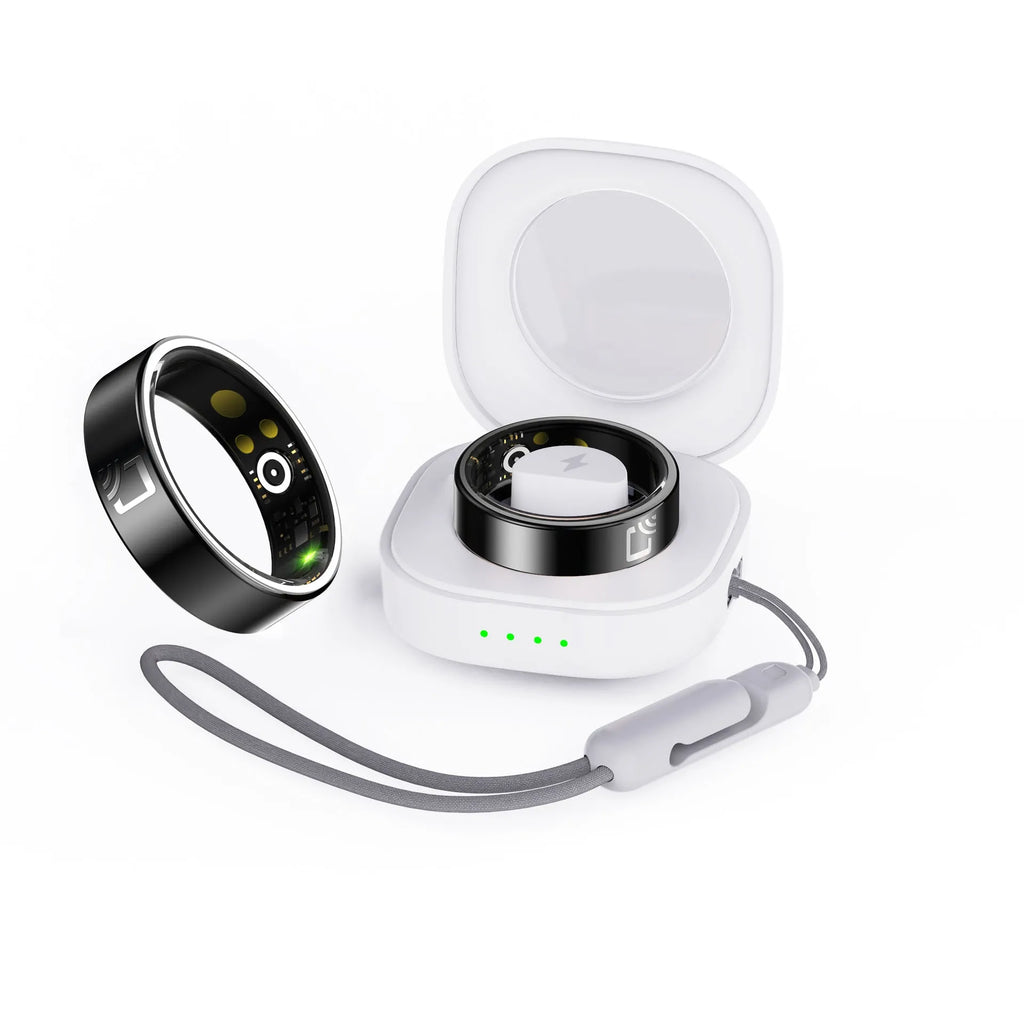 Black ceramic smart ring for heart rate and blood oxygen monitoring on finger