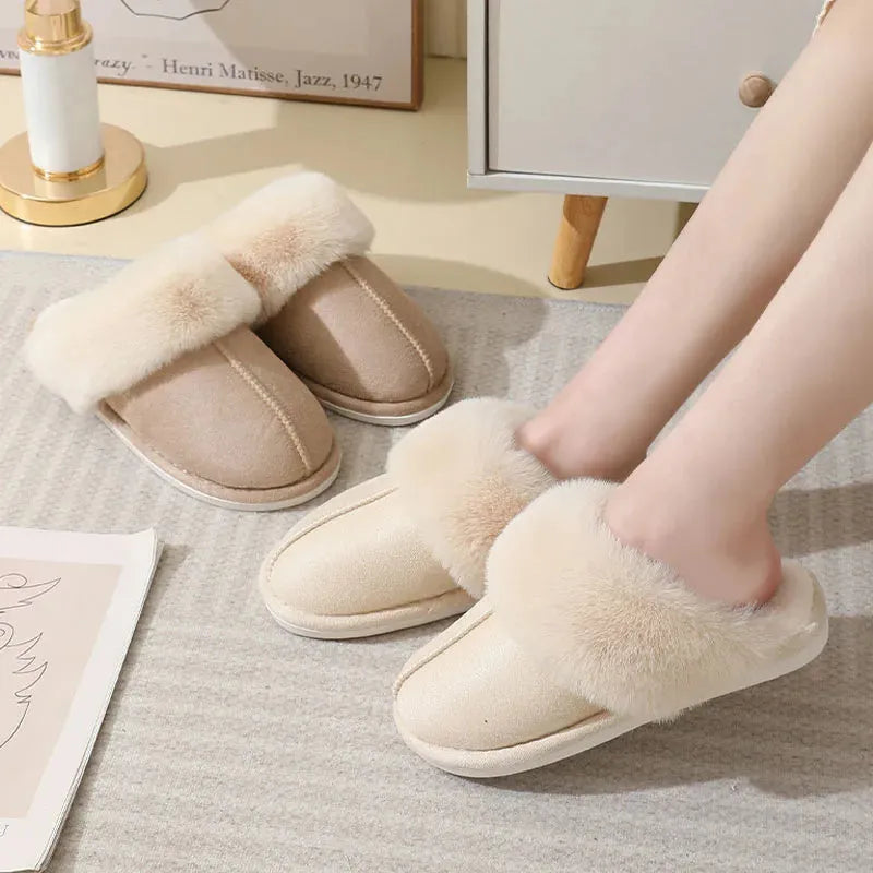 Women's plush-lined indoor winter slippers with PVC soles in five colour options