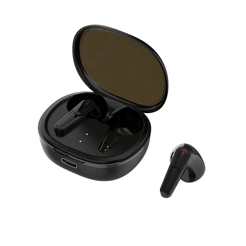 Black in-ear Bluetooth headphones with noise cancellation and breathing light indicators