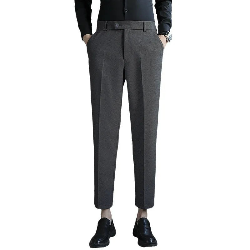 Straight retro brown corduroy trousers with slim fit and elastic waistband for men