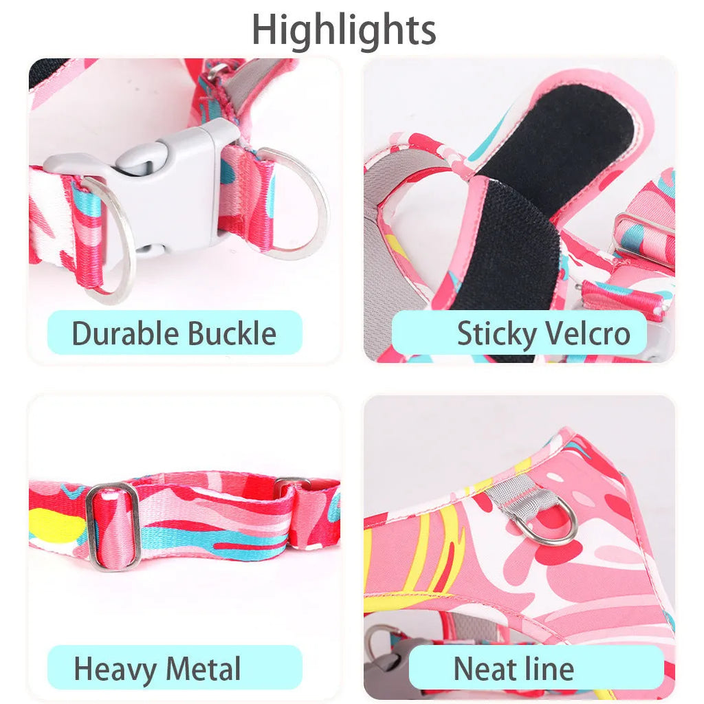 Printed breathable polyester pet harness suit in red flower camouflage with matching traction rope for small dogs
