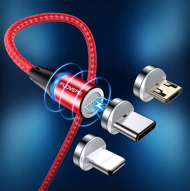 Black magnetic data cable with LED lighting showing Lightning, Micro USB, and USB-C connectors