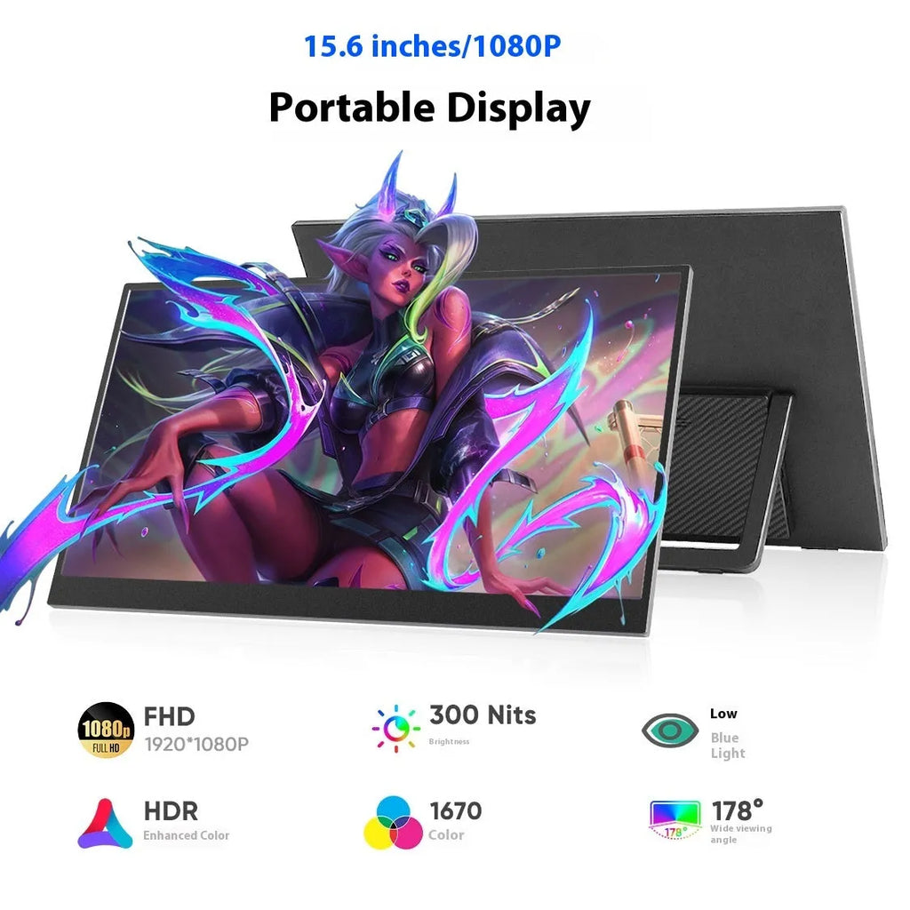 Black 15.6-inch portable LED monitor with adjustable stand on a desk next to a laptop.