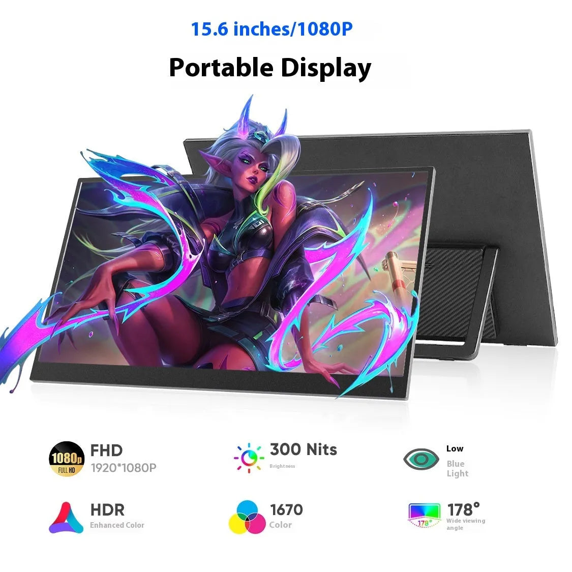 Black 15.6-inch portable LED monitor with adjustable stand on a desk next to a laptop.