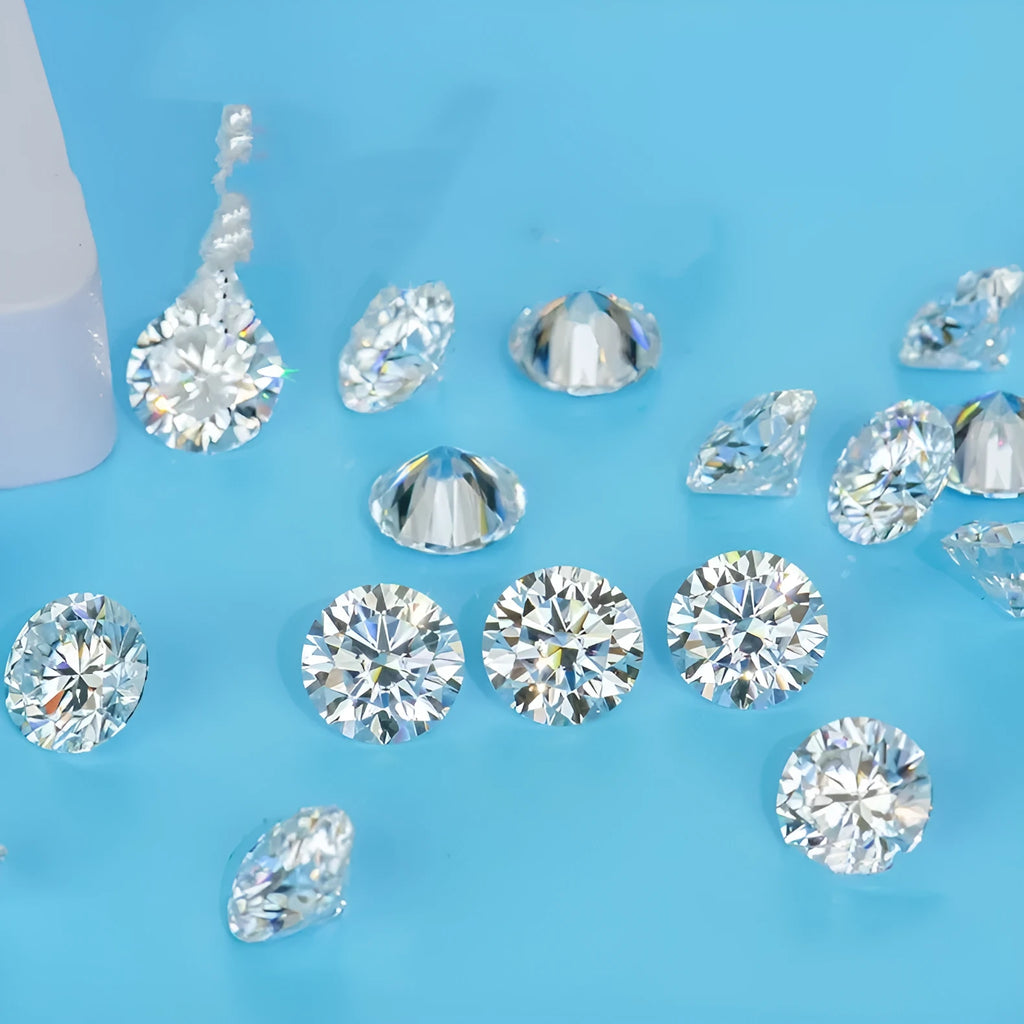 Round moissanite gem stone with eight hearts and eight arrows cut on display