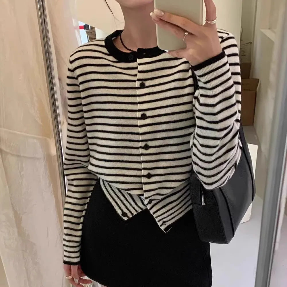 Women's French-style striped cardigan coat in dark grey with white stripes, slim fit design