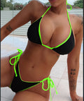 Women's lace-up triangle bikini top with matching split-style bottoms in a solid colour.