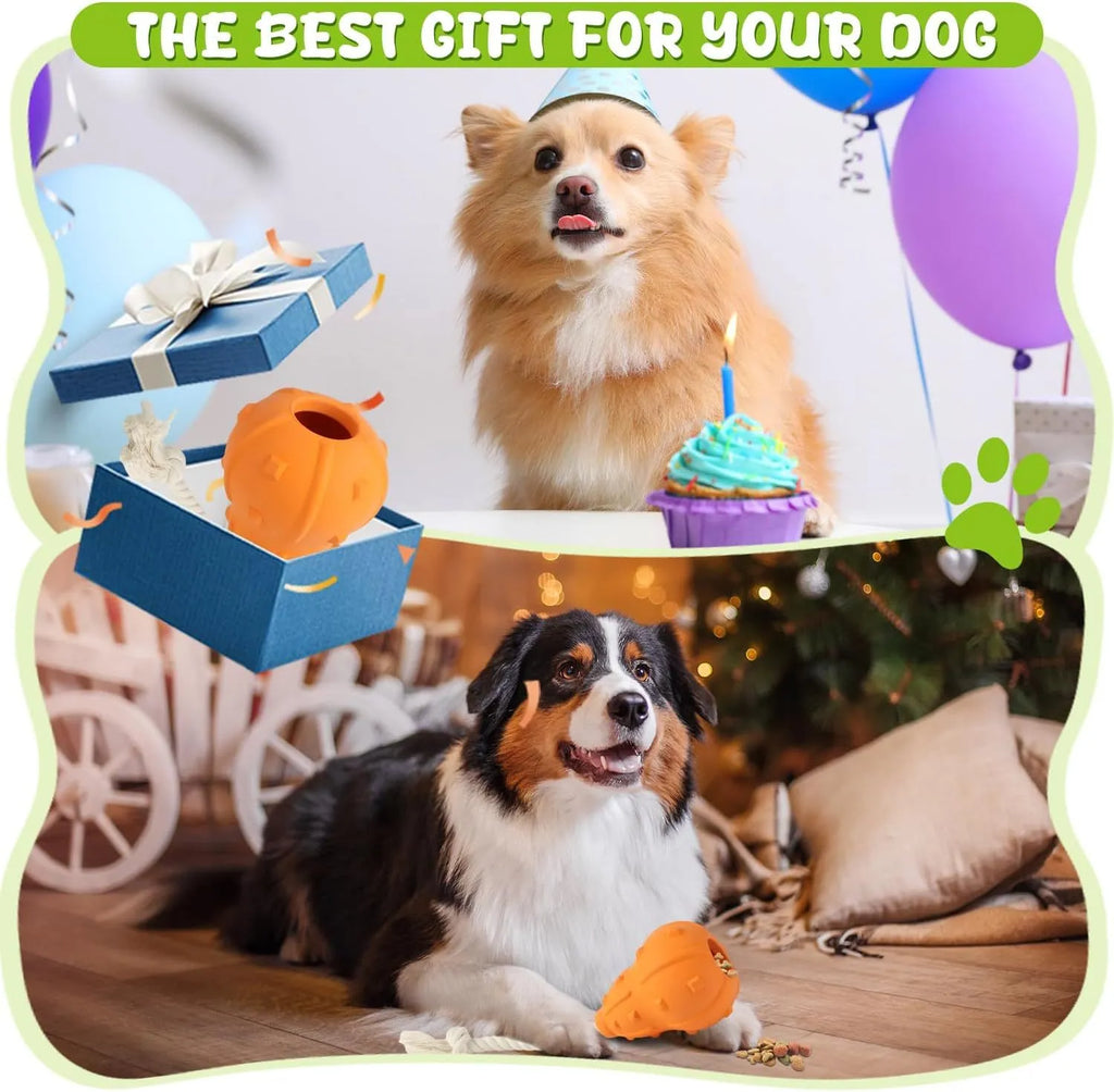 Natural rubber dog chew toy with a long strap and hollow centre for treat dispensing.