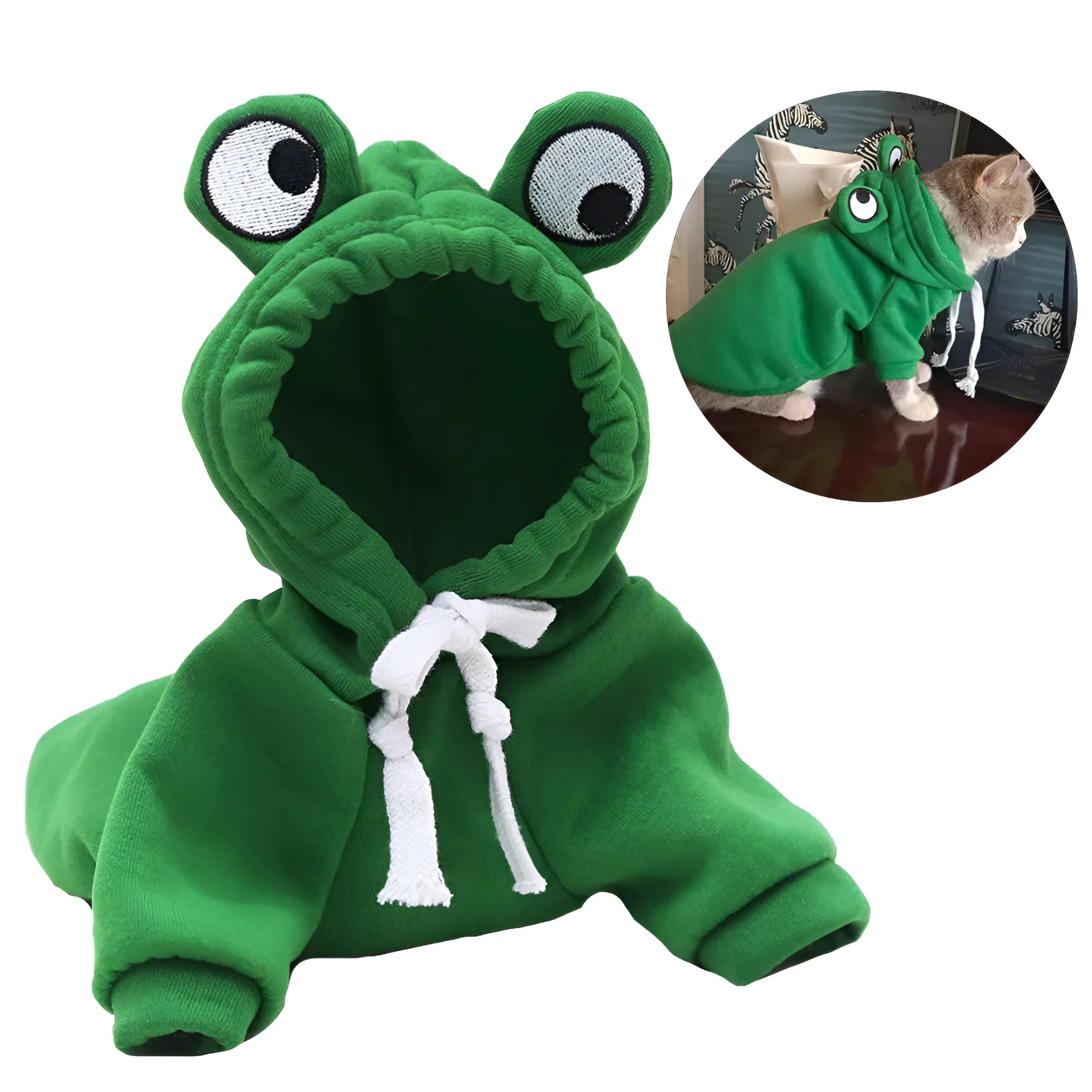Green frog costume pet hoodie for small dogs and cats with soft fleece fabric in autumn setting