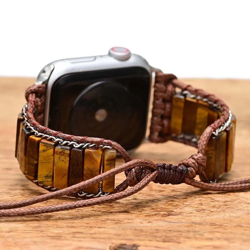 Men's textile watch strap with rectangular tiger eye stone centrepiece, adjustable length for 38-41mm and 42-45mm watches