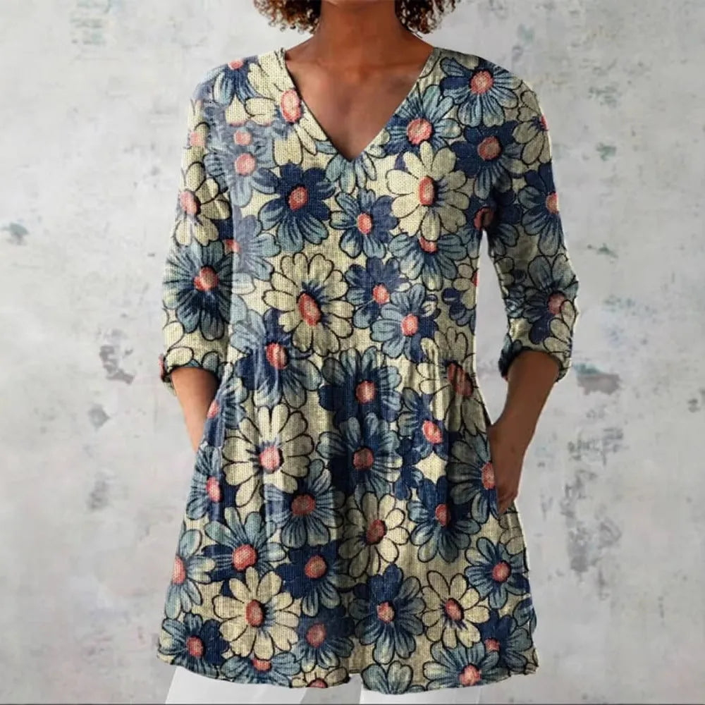 Women's slim fit retro print long sleeve top in polyester, shown in one of twelve available colour styles.