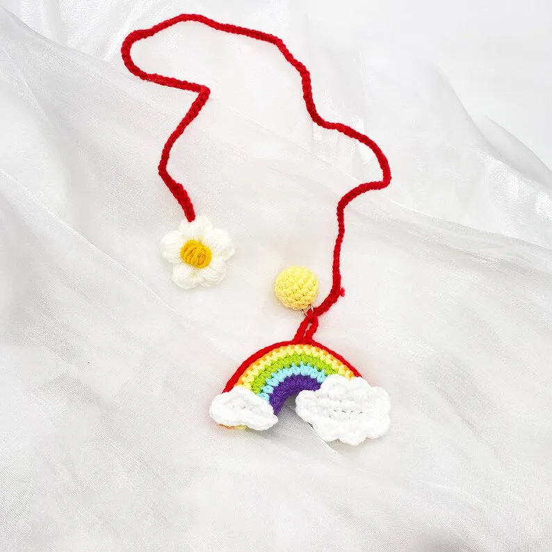 Handmade crocheted avocado rainbow flower car pendant in wool yarn for colourful vehicle interior decoration