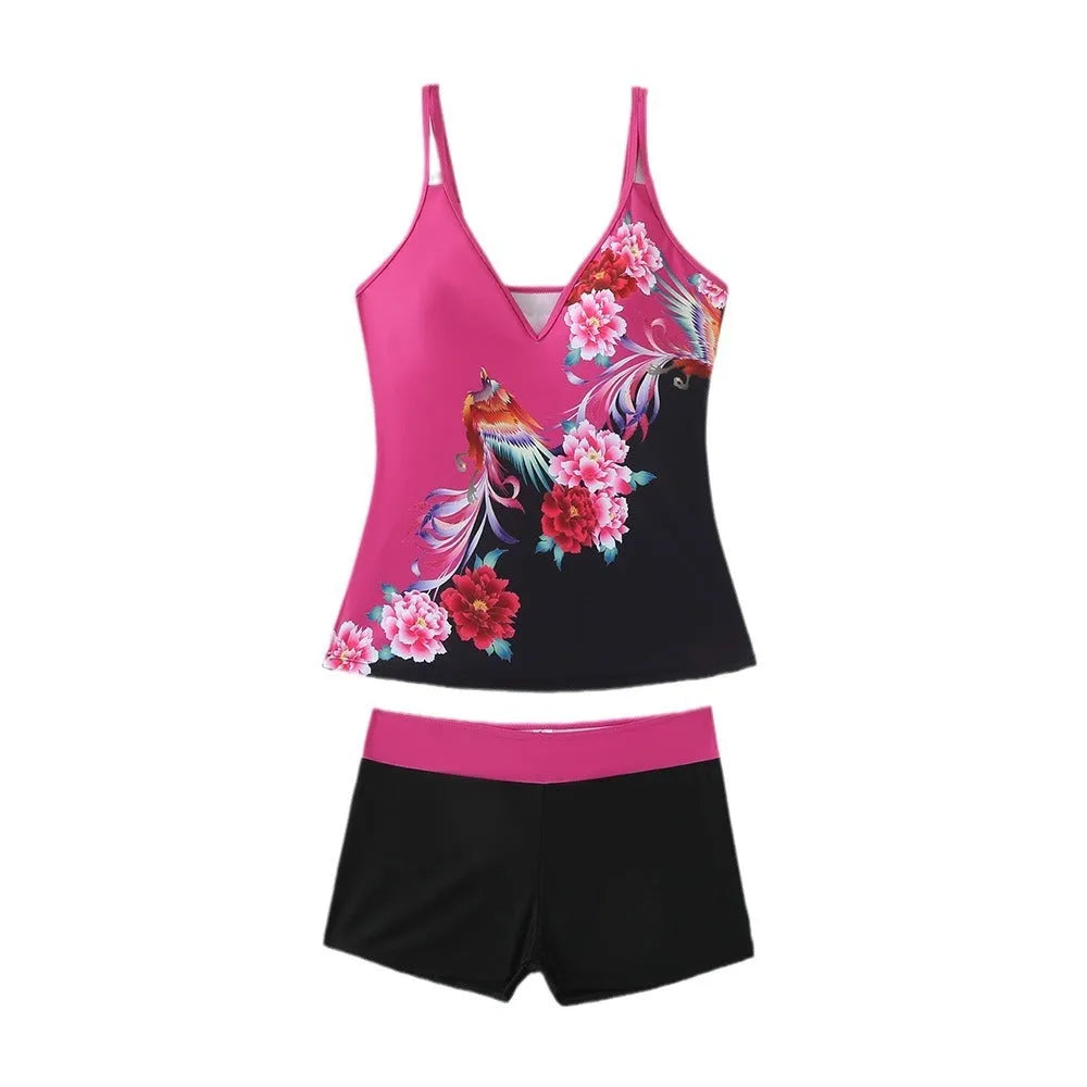 Women's plus size swimsuit briefs with printed split design and cotton lining