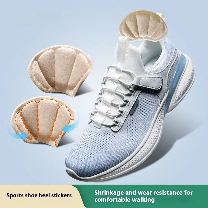 Three pairs of camel-coloured suede anti-slip heel cushion pads for shoes, shown with adhesive backing.