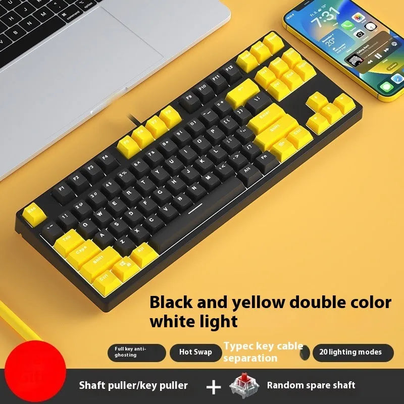 87-key wired mechanical gaming keyboard with colourful keycaps on a metal frame, shown with key puller and cable.