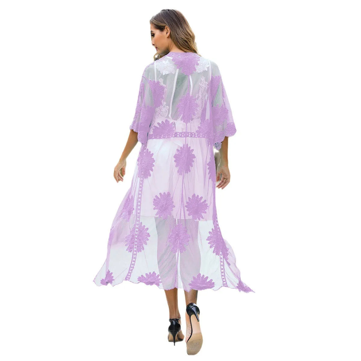 Light purple women's long lace embroidery beach cover-up dress for swimming.