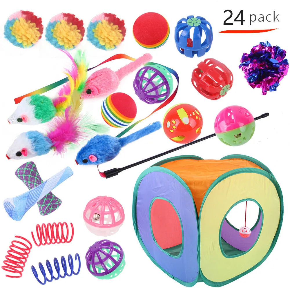 Plastic cat channel toy set with single-layer track and randomly coloured accessories for indoor cats