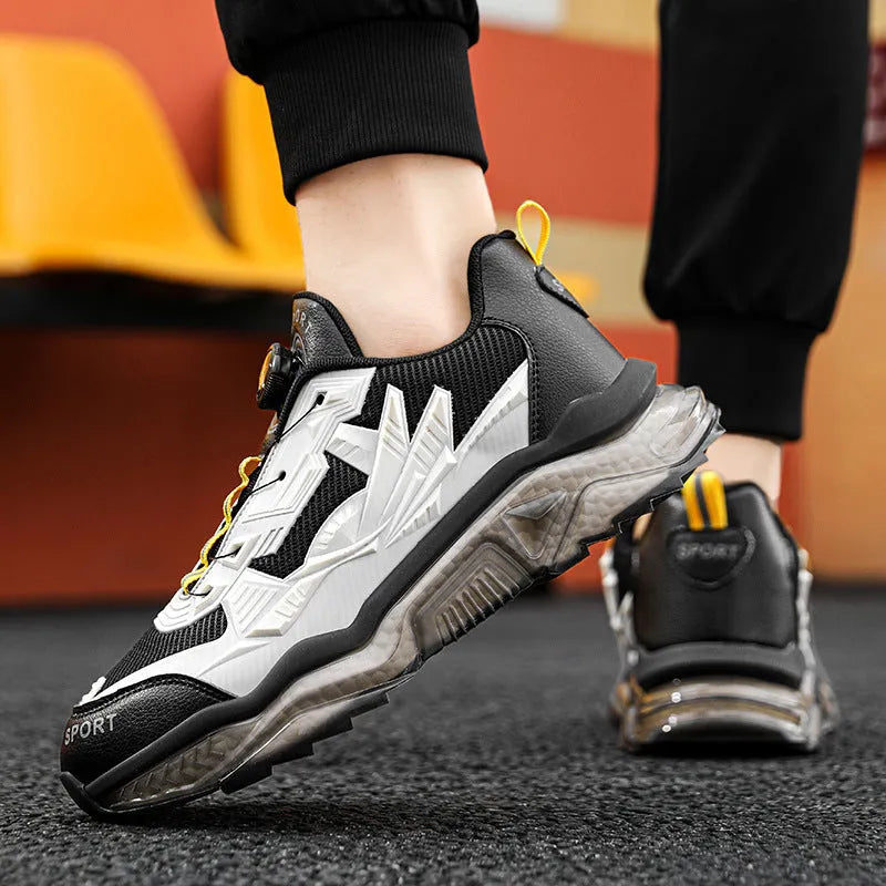 Men's black rotating button casual dad shoes with mesh upper and low platform sole.