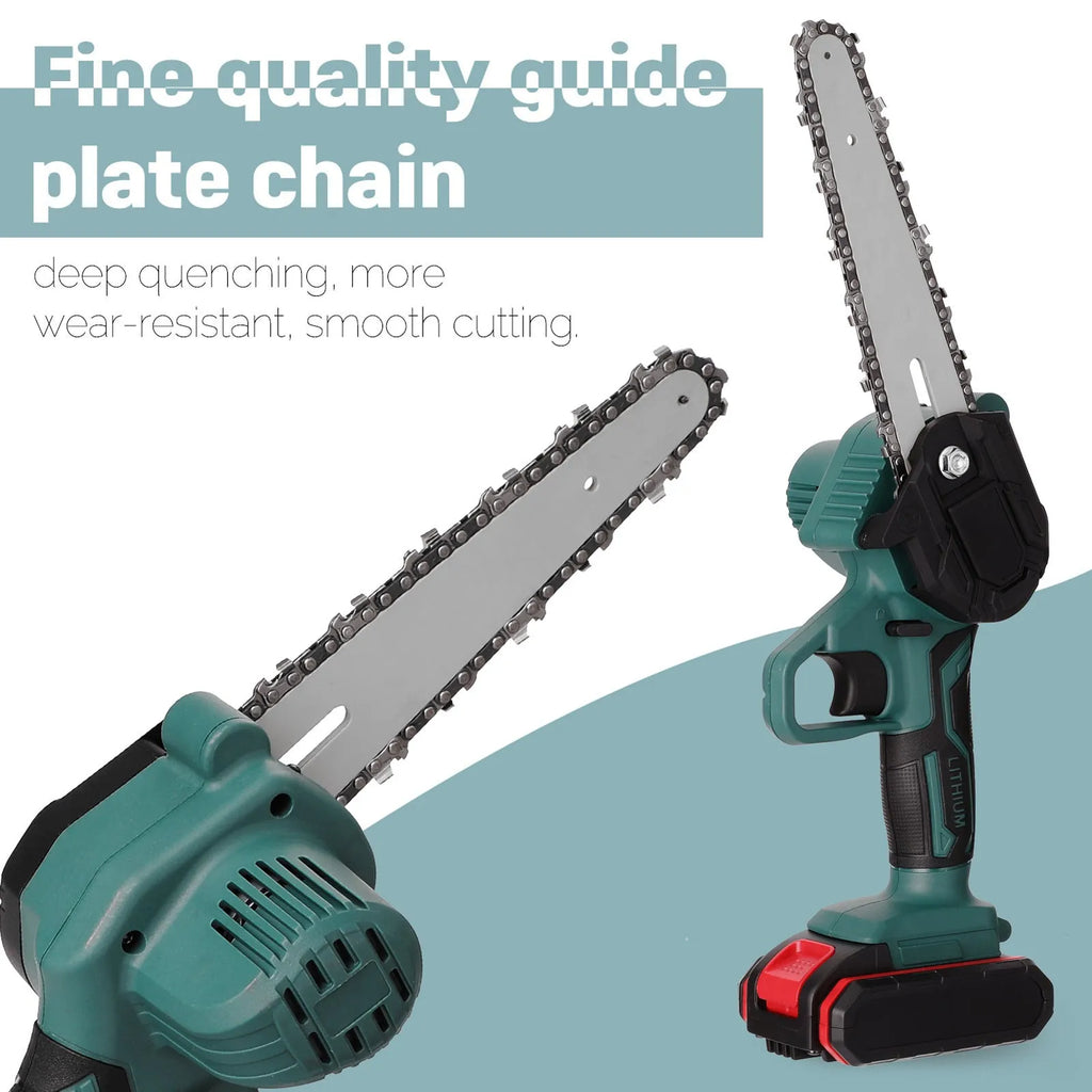 Black or green one-handed mini electric chainsaw with 4-inch guide on a workbench.