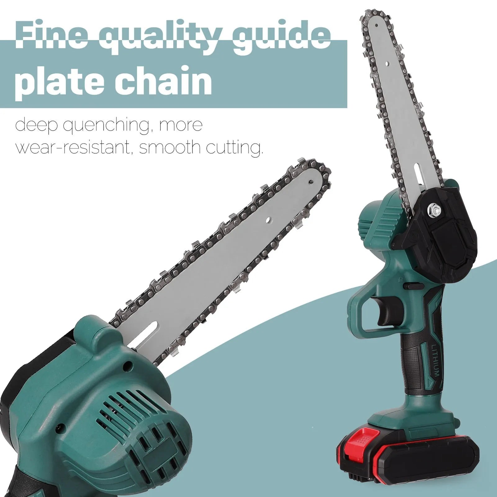 Black or green one-handed mini electric chainsaw with 4-inch guide on a workbench.