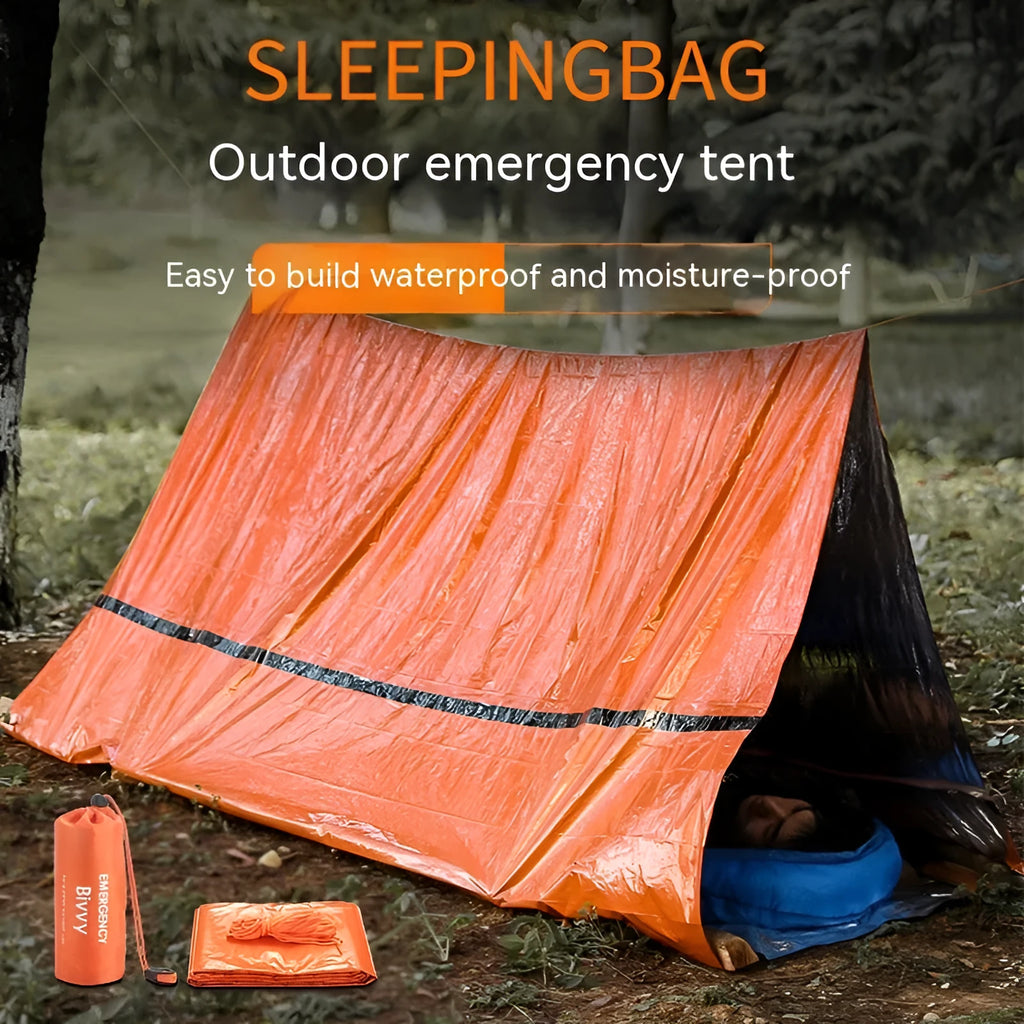 Disaster relief emergency tent with matching raincoat and sleeping bag in orange or green colours