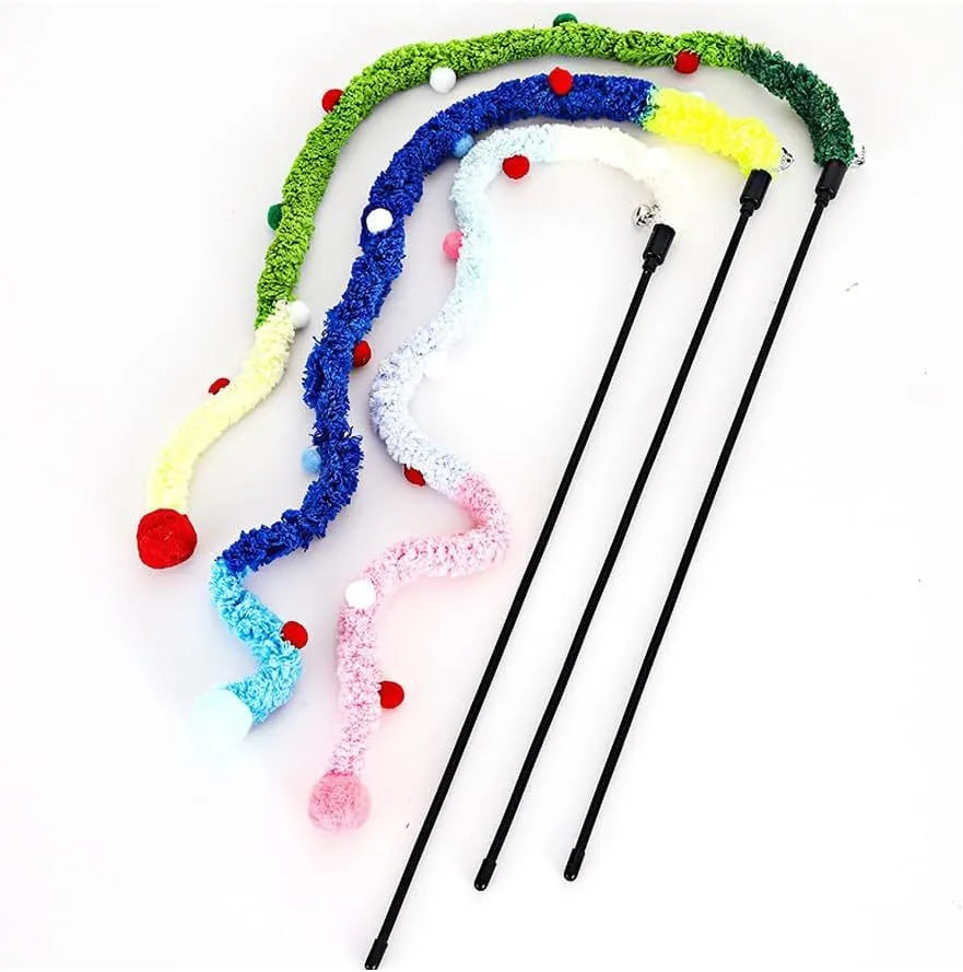 Blue cat wand toy with long plush strip and colourful ball with bells for interactive feline play