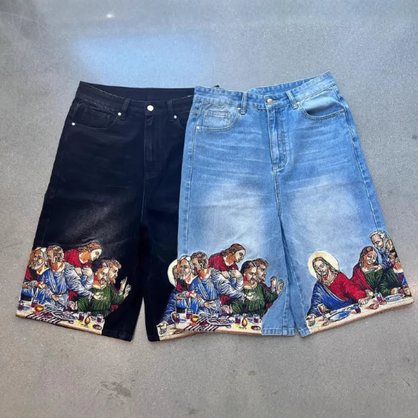 Men's blue cotton shorts with a printed design on the back pocket, showing tapered leg fit.