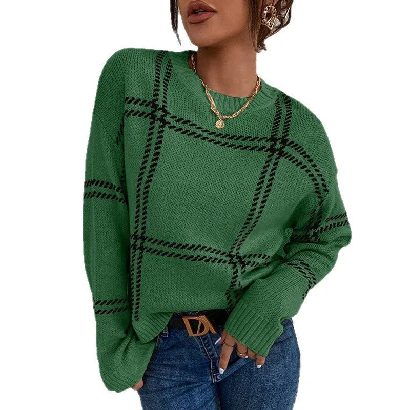 Women's loose fit plaid colour-block sweater with apricot, black, beige, red, and green stripes, crew neck pullover.