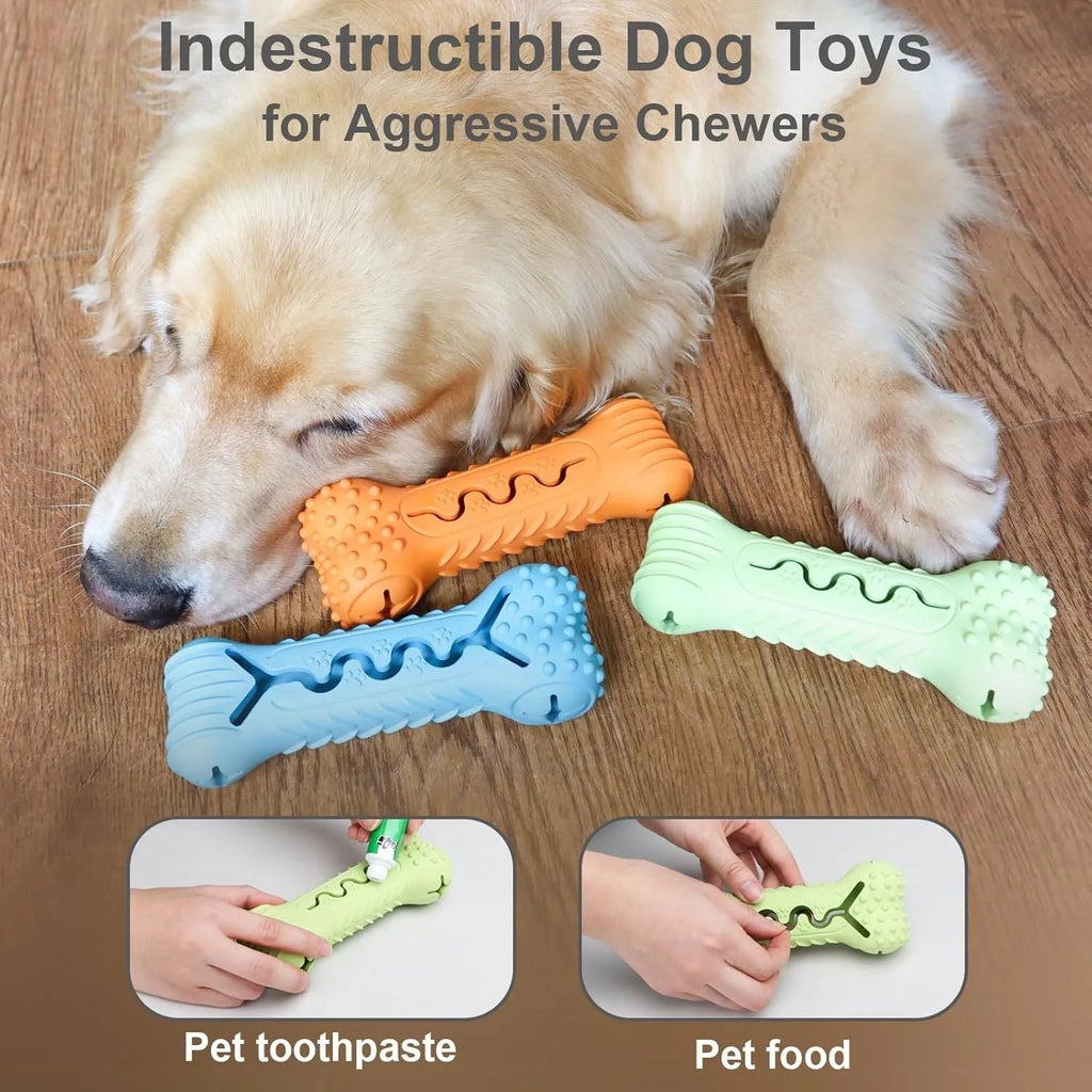 Natural rubber bone-shaped dog chew toy in blue, green, or orange for aggressive chewers and teeth cleaning