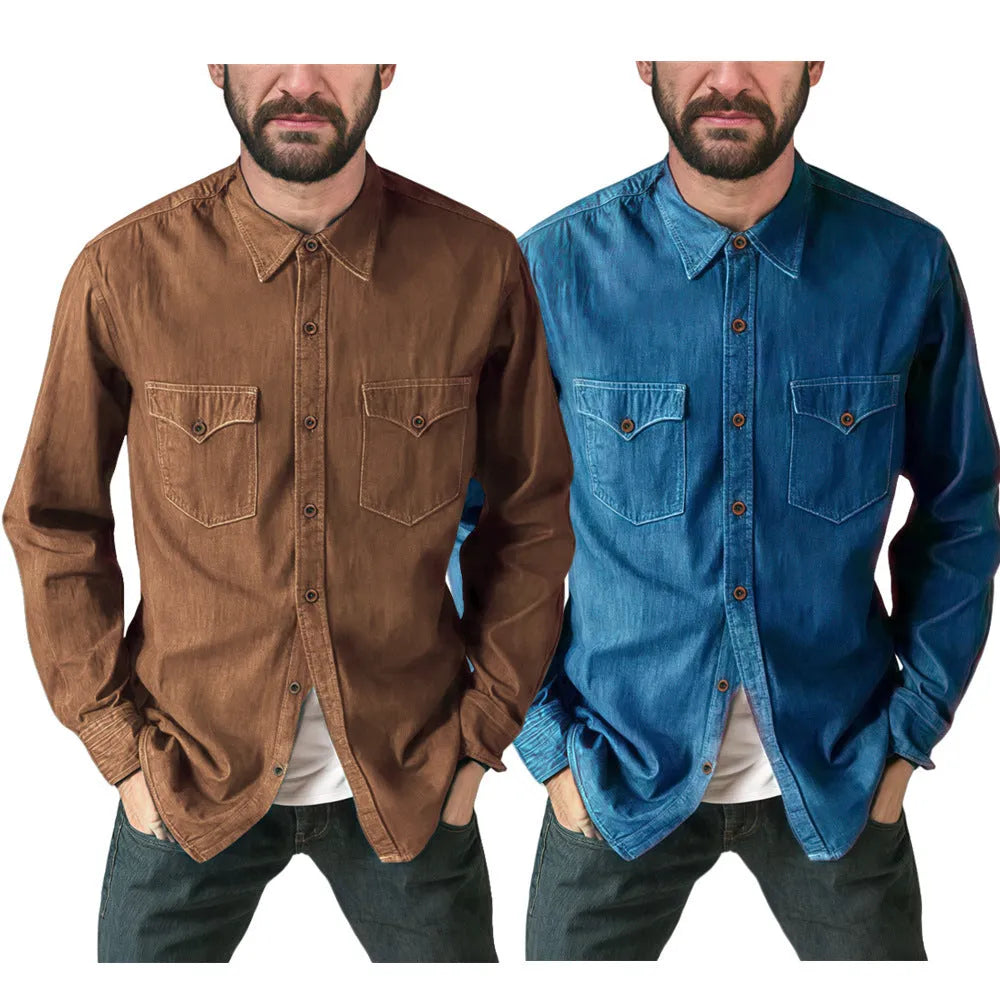 Men's regular fit denim cardigan coat in khaki, black, blue, or grey with button front.