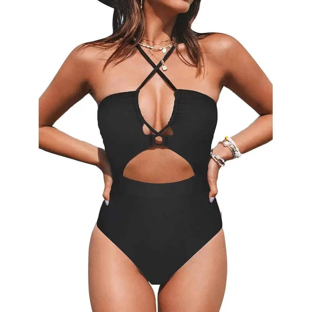 Women's one piece swimsuit cross backless high elasticity spandex lining solid colour black wine red peacock blue sizes S-XXL