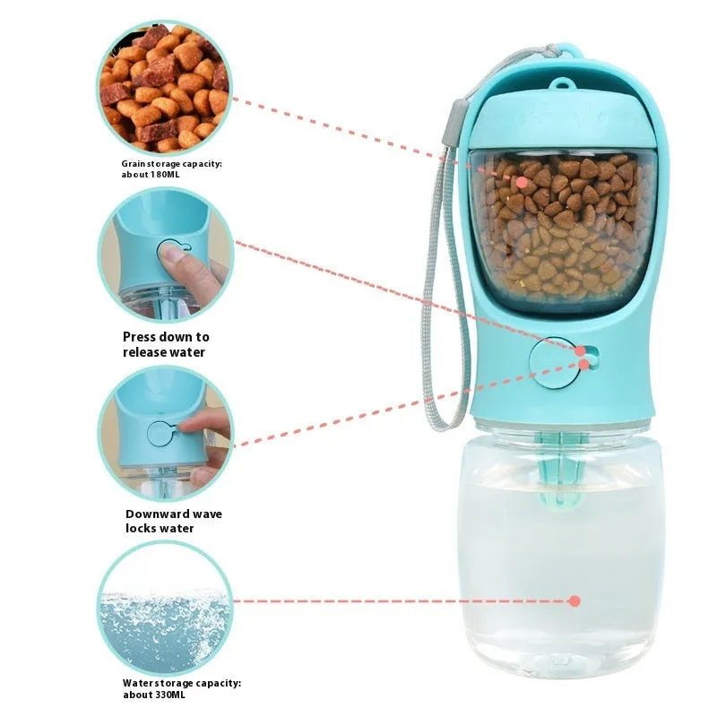 Portable two-in-one dog drinking cup with removable food bowl in blue colour