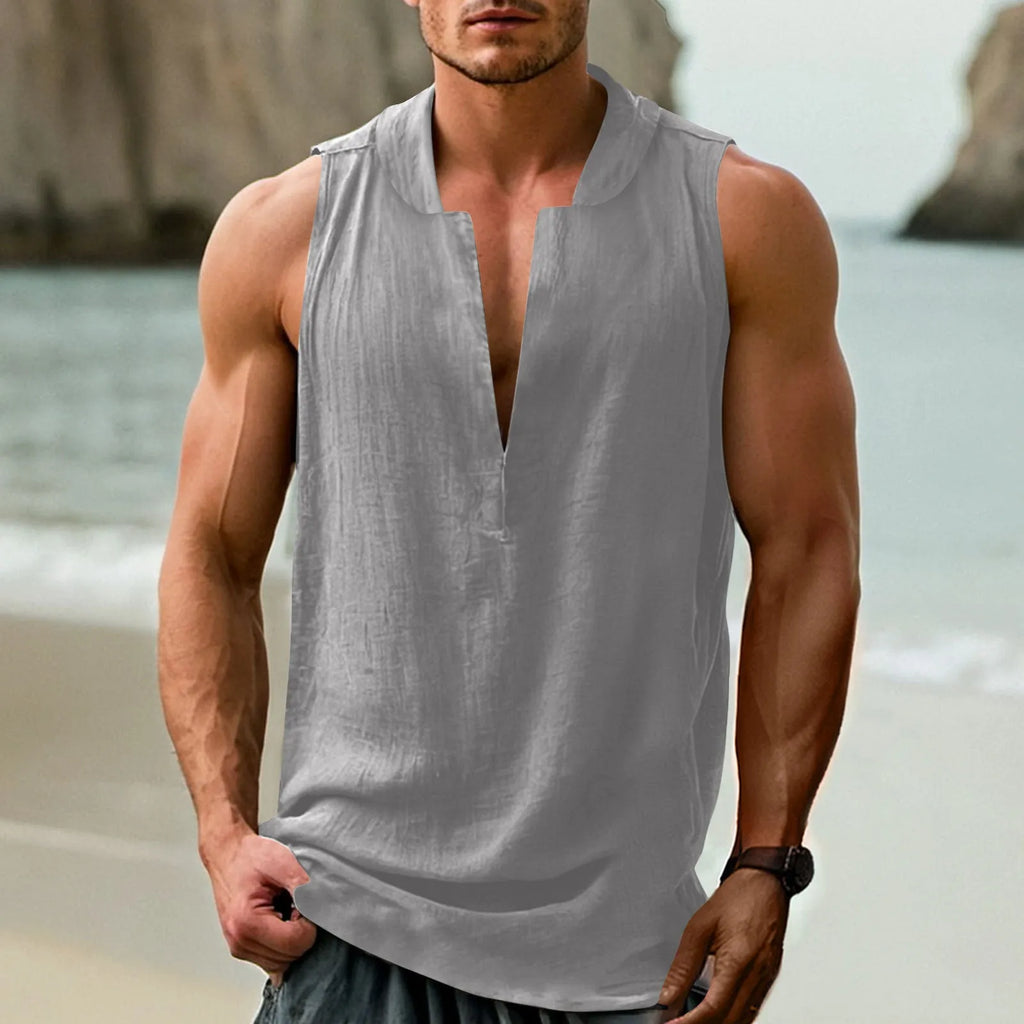 Men's casual sleeveless shirt in a cotton and linen blend, shown in mint green colour.