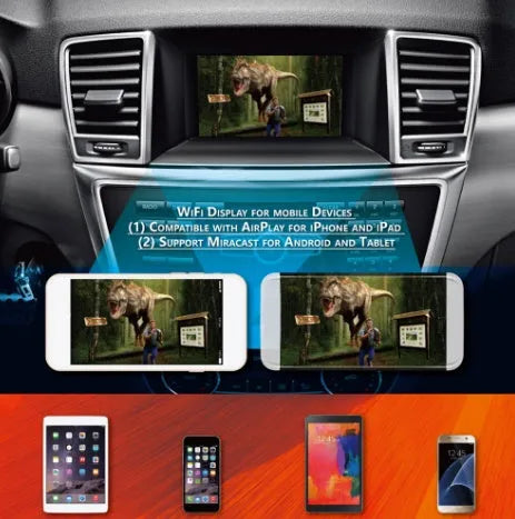 Black car mirror link Wi-Fi box with power cable, AV cable, antenna, and user manual for screen mirroring.